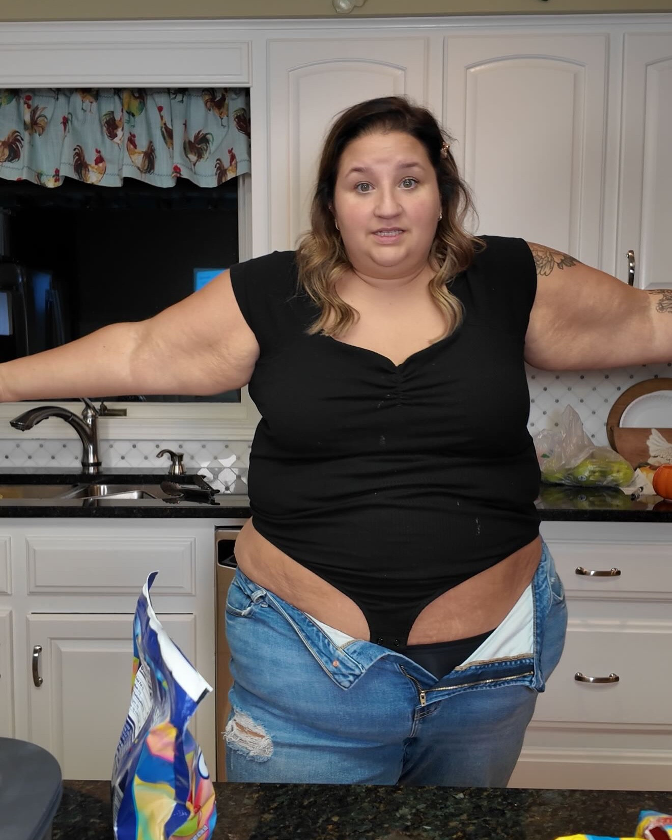 The evolution of my “class”

The first photo is after 12 hours of filming, editing, answering emails, writing and photographing.

The second photo was my 3rd to last video I filmed this day. (I fell WAY behind while sick and out of town)

The last photo was the outfit of the day” before the chaos began.

To those of you who clutched your pearls seeing me in photo one.

I’m laughing so hard.

Am I the only one on earth who unsnaps their bodysuit doesn’t tuck it back in grabs a snack and changes into pajamas?

I can’t help but notice how many people are concerned about how classless I’m coming off by showing the realistic end to my day after spending a full day playing catch up.

My shirt is stained
My bodysuit is unsnapped
My jeans are unbuttoned

This is real life.

I never claimed to be a perfectly polished, poised, put together person. In fact I am anything but!

So incase you are new here.

I share my real life. I show myself in my bikini. I show myself braless in my pjs with my hair a total mess while I fix breakfast for the kids. I show myself with my hair and makeup done. I show myself in crop tops and shorts.

My goal is never to portray a perfect life… my life is anything but perfect. I am a mess, I am a mom, I am showing my kids that you don’t have to be ashamed of ANY part of you… even the messy, not so classy parts.

#LTKStyleTip #LTKFindsUnder50 #LTKSeasonal