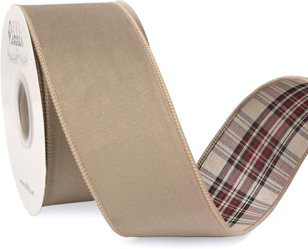 Ribbli Camel Velvet Wired Ribbon with Plaid 2.5 Inch Reversible Christmas Ribbon for Gift Wrappin... | Amazon (US)