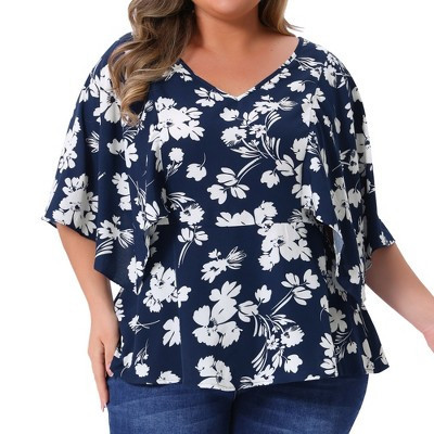 Women's Plus Size Floral V Neck Flowy 3/4 Sleeve Summer Casual Babydoll Blouses - Agnes Orinda 1X Navy Blue | Target