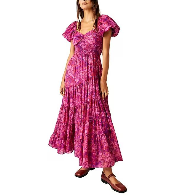 Sundrenched Floral Print Sweetheart Neck Short Puff Sleeve Maxi Dress | Dillard's