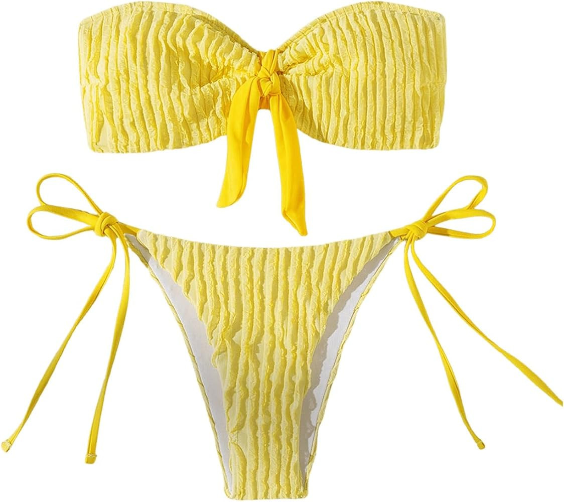 GORGLITTER Women's Bandeau Swimsuits Bow Strapless Bikini Sets Tie Side Thong Bathing Suit | Amazon (US)