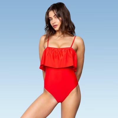 Women's Ruffle Flounce Bandeau One Piece Swimsuit - Sugar Coast by Lolli Red | Target