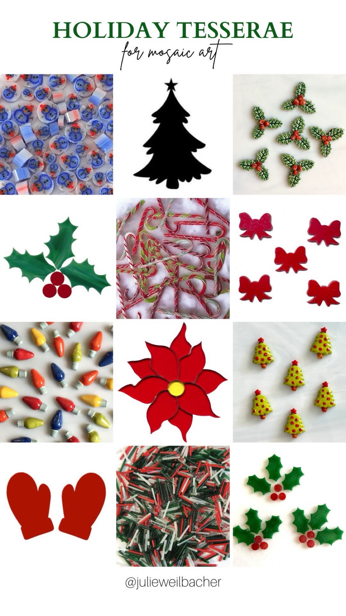 Sharing holiday-inspired tesserae for your next mosaic. Choose from murrini, pre-cut fusible glass, handmade ceramics, pre-cut stained glass, and hand-pulled glass.✨ 

For mosaic tips, tutorials, inspiration, and so much more please visit my YouTube channel: YouTube.com/julieweilbacher. 

Follow @julieweilbacher on Instagram for all things mosaic art. Snowman - Christmas holly and berries - glass candy canes - red bow - ceramic Christmas lightbulb - poinsettia - mosaic - Christmas mosaic - holiday art - holiday crafts night - Christmas tree

#LTKfindsunder50 #LTKSeasonal #LTKHoliday