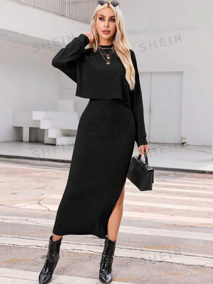 SHEIN Essnce Drop Shoulder Tee & Split Thigh Skirt | SHEIN