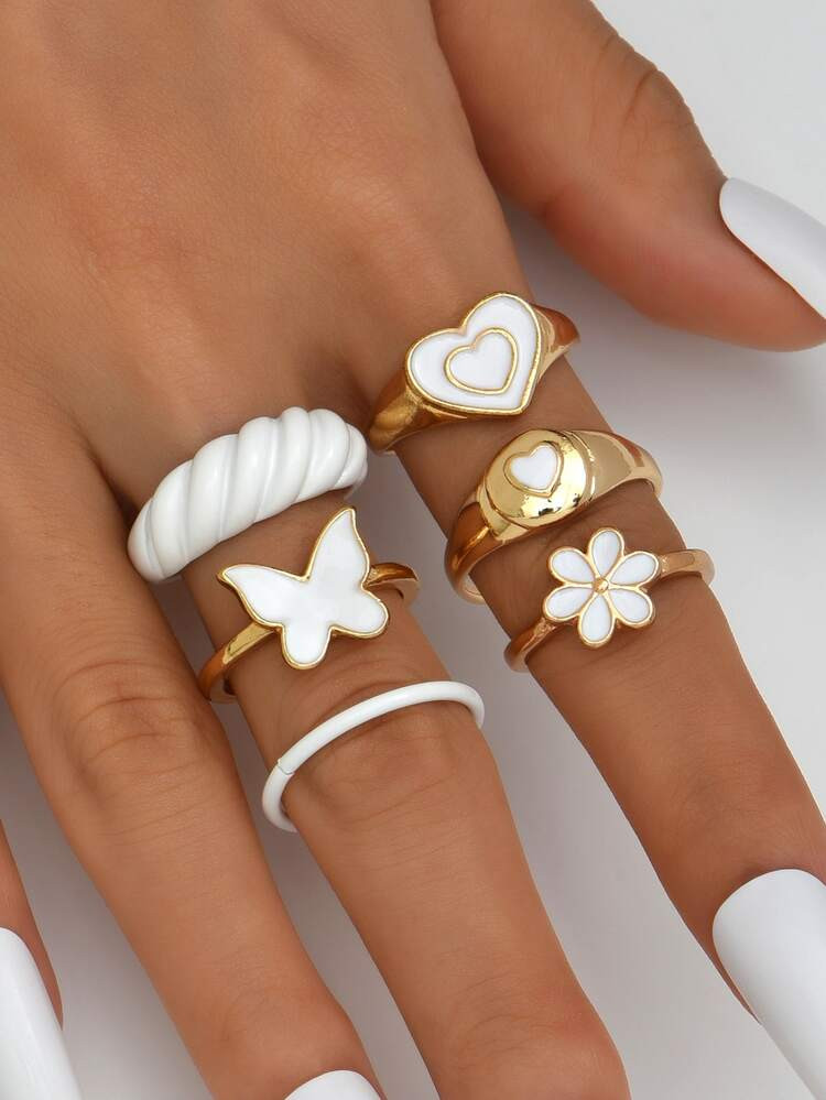 6pcs Heart & Butterfly Decor Ring | SHEIN