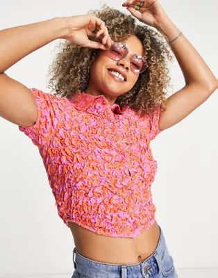 COLLUSION shrunken shirred shirt in red and pink hibiscus | ASOS (Global)