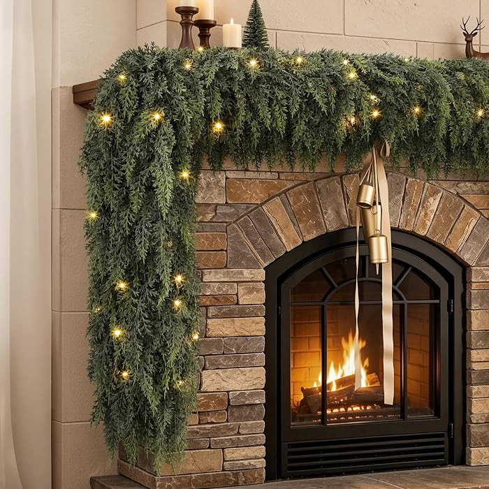 9FT Pre-Lit Cedar Christmas Garland with Lights, Real Touch Mantel Decor | Amazon (US)
