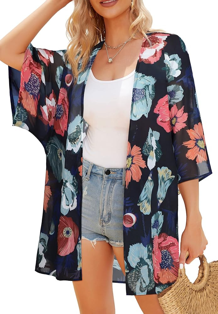 Women's Floral Print Puff Sleeve Kimono Cardigan Loose Cover Up Casual Blouse Tops | Amazon (US)