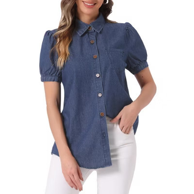 INSPIRE CHIC Women's Denim Collared Short Puff Sleeve Chest Pocket Button Down Shirt Deep Blue Small | Target