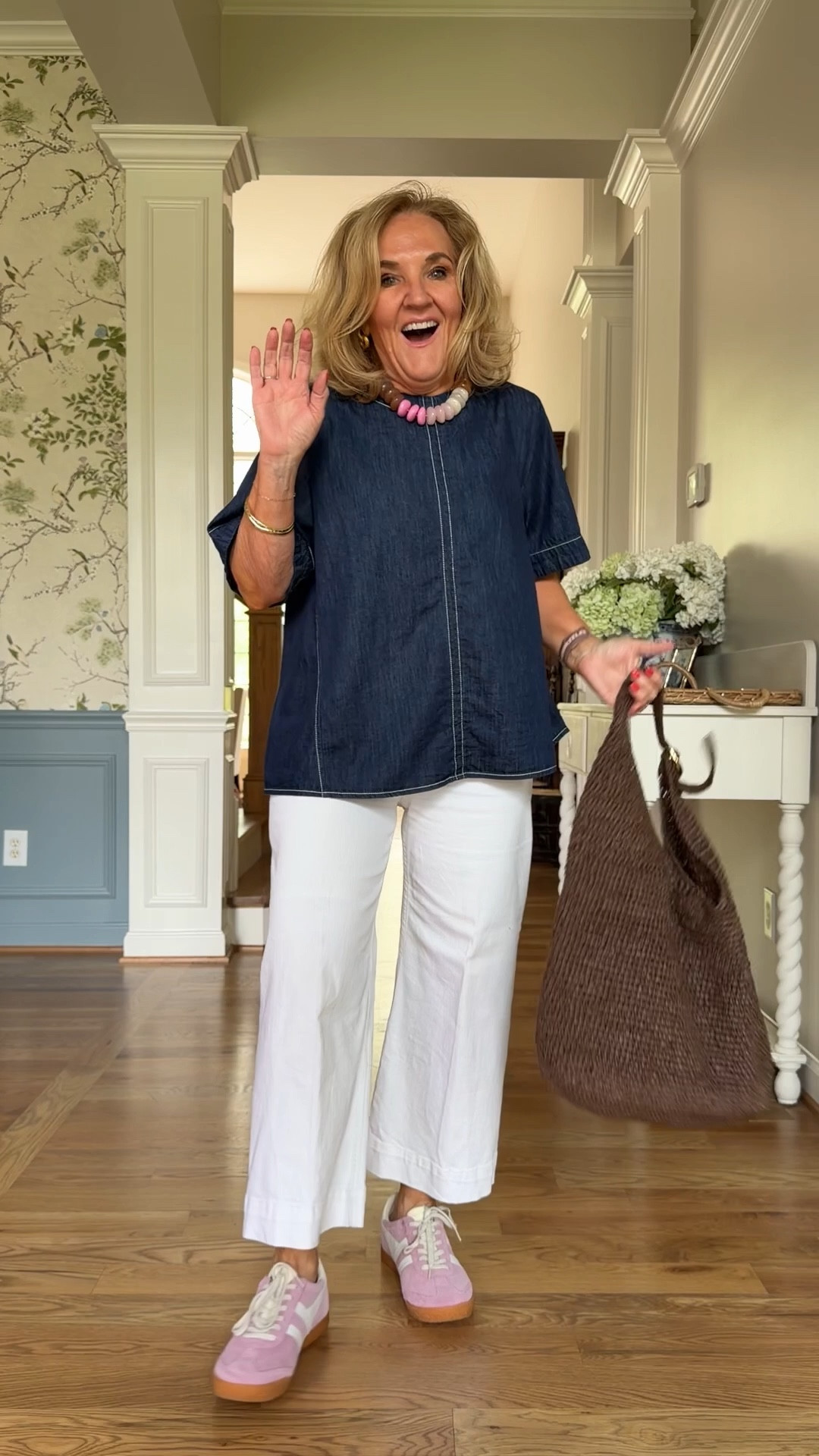 Lightweight denim top size medium 
Colette crop white jeans size 29 petite they also come in full length 
Sneakers are tts with socks 

#LTKOver40 #LTKPetite #LTKSeasonal