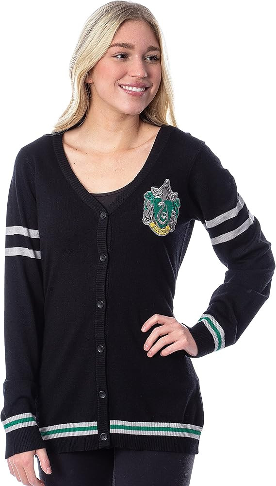 Harry Potter Womens' Slytherin House Crest Open Front Cardigan Juniors Knit Sweater | Amazon (US)