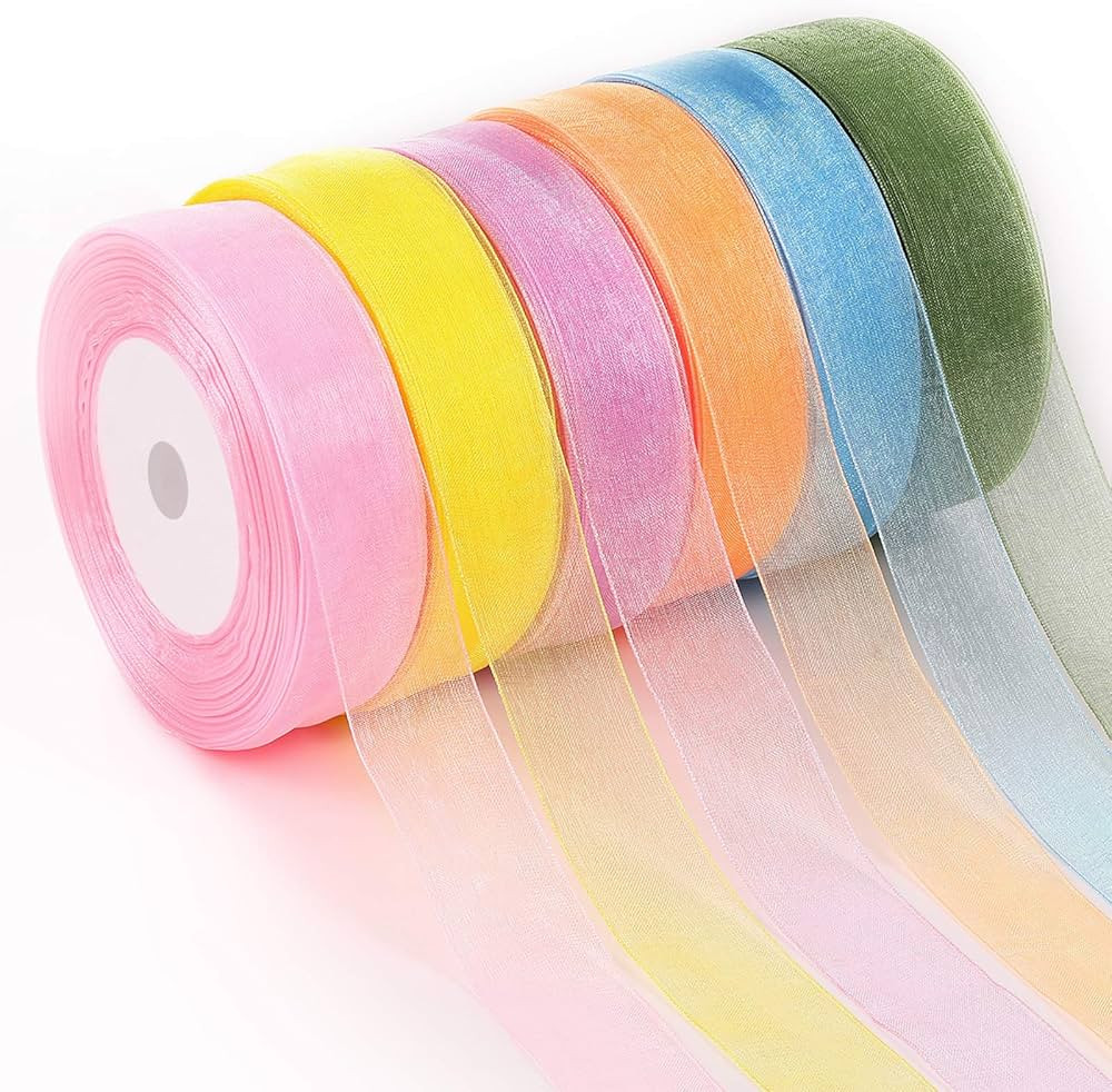 6 Rolls Organza Ribbon Sheer Chiffon Ribbon Bulk for Wrapping Decorating Valentine Wedding Birthd... | Amazon (US)