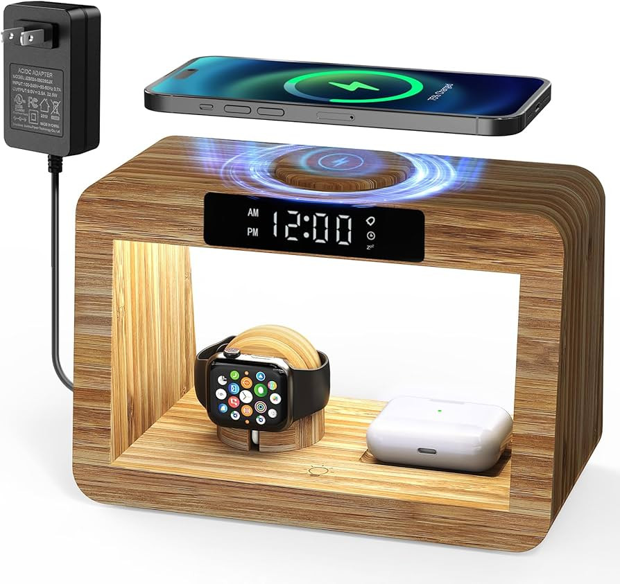 Bamboo Wireless Charging Station with Alarm Clock & Night Light, 3 in 1 Charging Station for iPho... | Amazon (US)