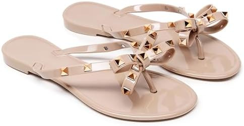 Womens Studded Sandals Flat Jelly Shoes Thong Flip Flops with Bow Stud Slip On Summer Beach Rivet... | Amazon (US)