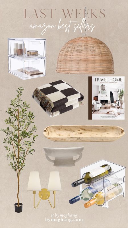 Last weeks most loved amazon items! Acrylic drawers for organizing, woven pendant light, checkered blanket, coffee table books, wooden bowl, faux olive tree, ceramic bowl, affordable sconces, bottle storage organizer 

#LTKhome #LTKFind