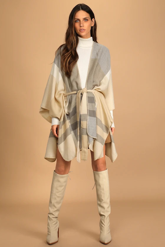 Evan Grey Multi Plaid Belted Knit Wrap | Lulus (US)