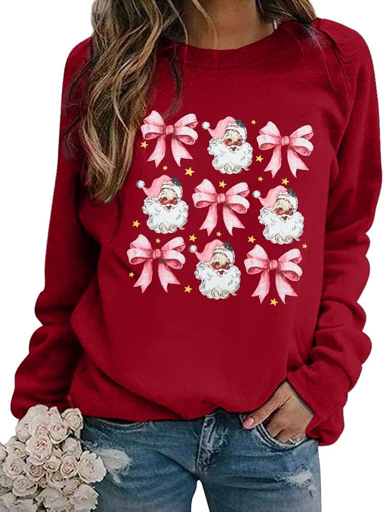LUKYCILD Santa Christmas Sweatshirt Women Christmas Tree Shirt Pink Bow Coquette Outfit Winter Xm... | Amazon (US)