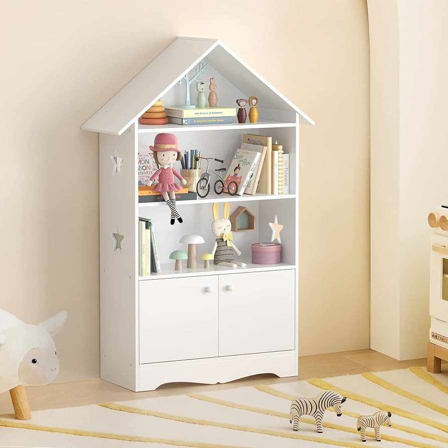 Kids Dollhouse Bookshelf, Large Wooden Kids Bookshelf and Toy Storage with Doors, 3-Tier Open Dis... | Amazon (US)
