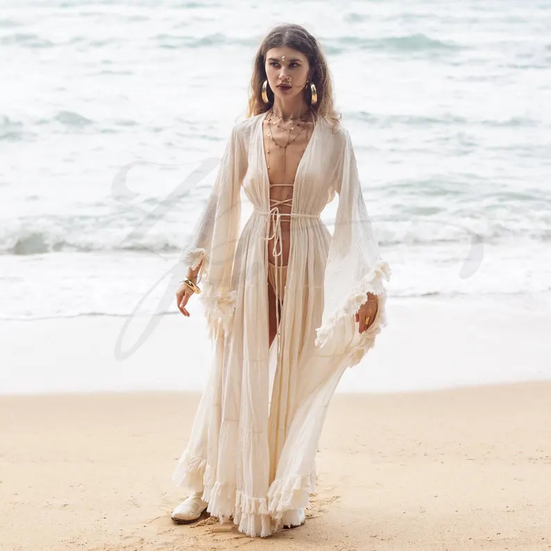 Natural Raw Cotton Boho Maxi Kimono Duster – Ruffled Bridal Robe, Beach Wedding Cover-up, Honey... | Etsy (US)