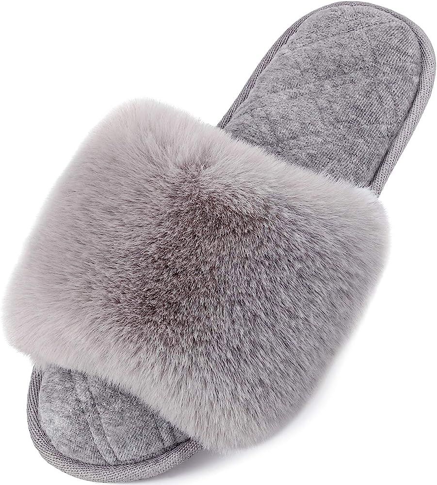 LongBay Ladies' Fluffy Faux Fur Slippers Open Toe Memory Foam Comfy Flat Summer House Shoes | Amazon (UK)