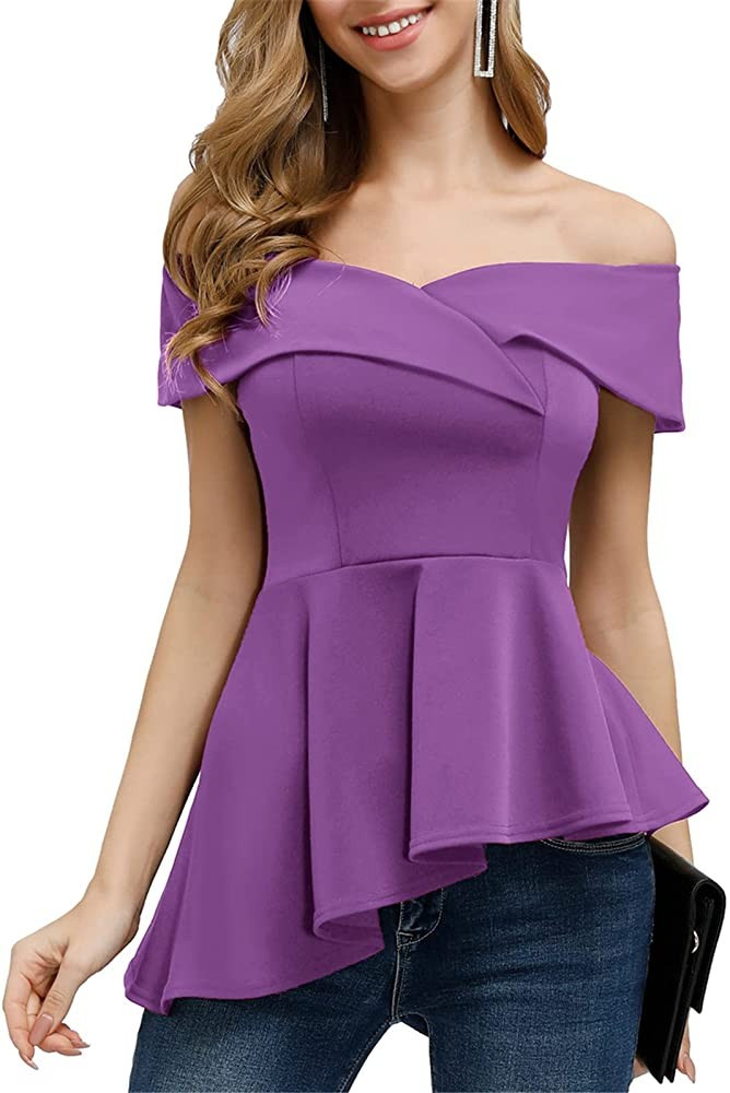 JASAMBAC Women's Off The Shoulder Tops Elegant Asymmetrical Ruffle Peplum Blouse Shirt | Amazon (US)