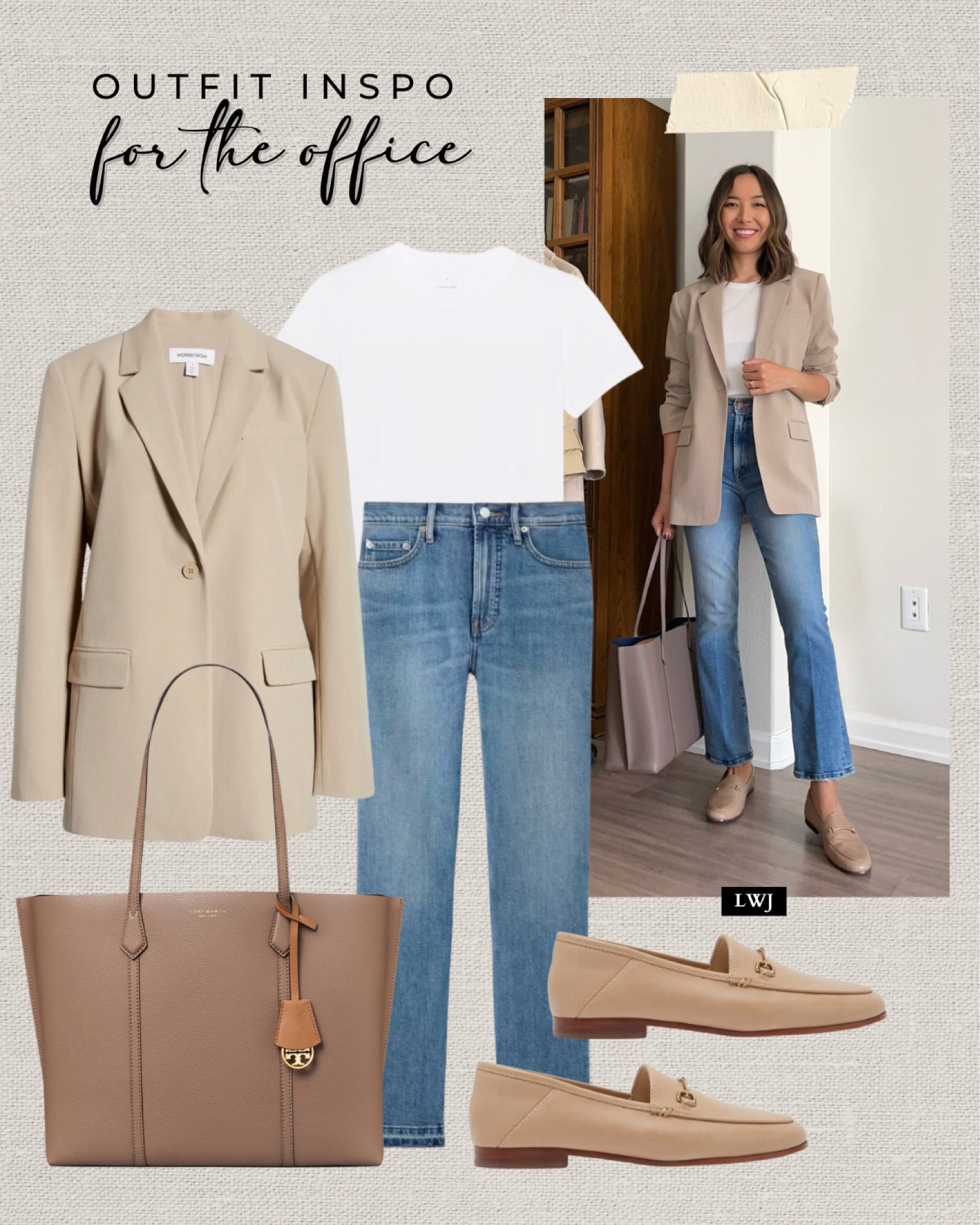 Week of workwear: for the office 

Workwear / business casual / smart casual / beige blazer / white tee / light blue wash jeans / neutral work tote bag / neutral loafers / classic style / summer style 

#LTKStyleTip #LTKSeasonal #LTKWorkwear