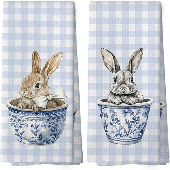 Chinoiserie Easter Bunny Kitchen Towels, Easter Hand Towel for Bathroom Kitchen Decor, Blue and W... | Amazon (US)
