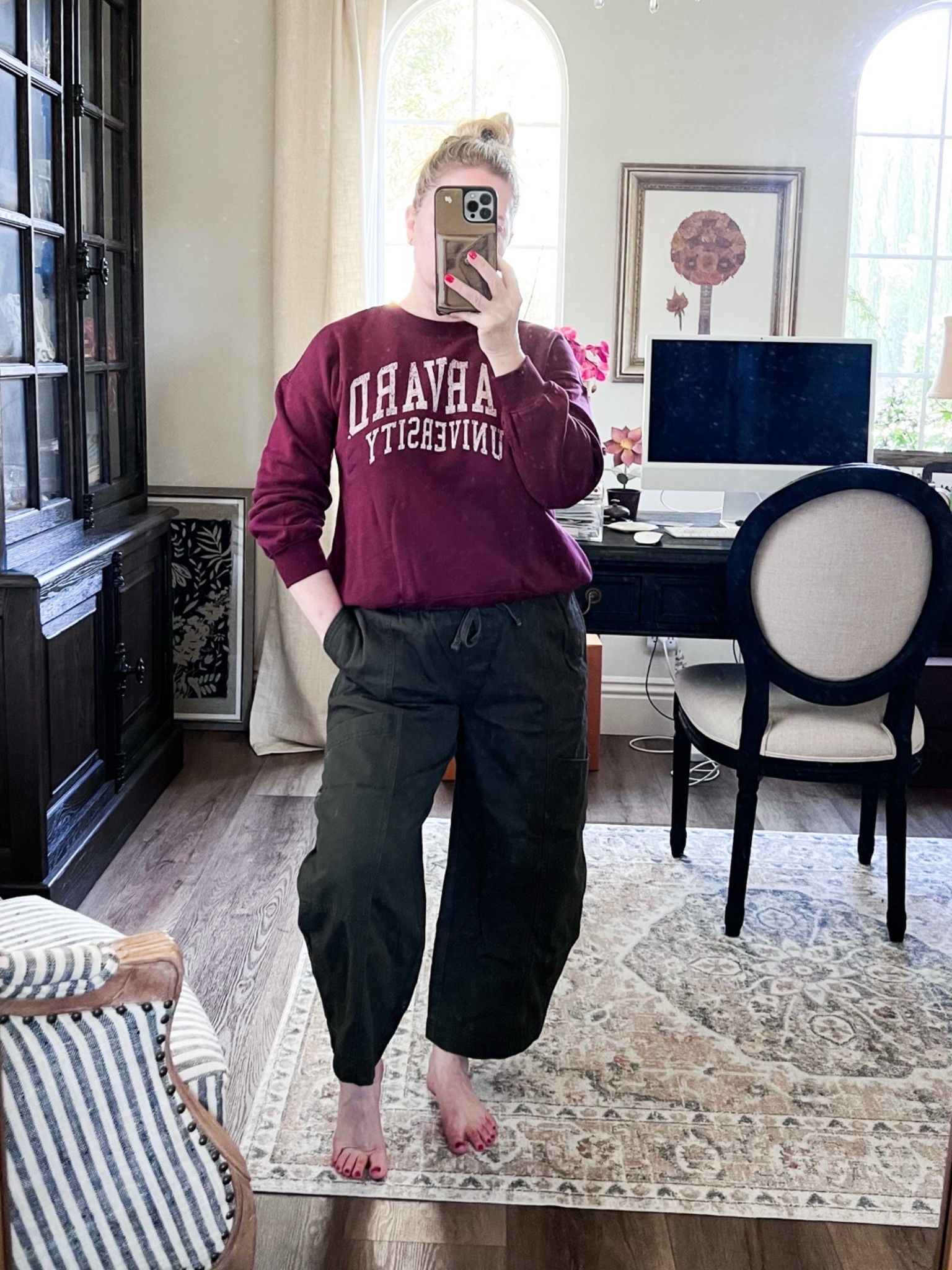 Barrel-leg, mid-rise utility pants. Four color options. I’m wearing them in petite. Sweatshirt in kids XXL.

#LTKootd #LTKOver40 #LTKSaleAlert