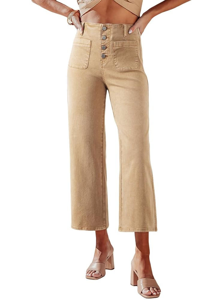 Sidefeel Women's Wide Leg Jeans High Waisted Zimbaplatinum Stretchy Straight Leg Jeans Buttoned L... | Amazon (US)