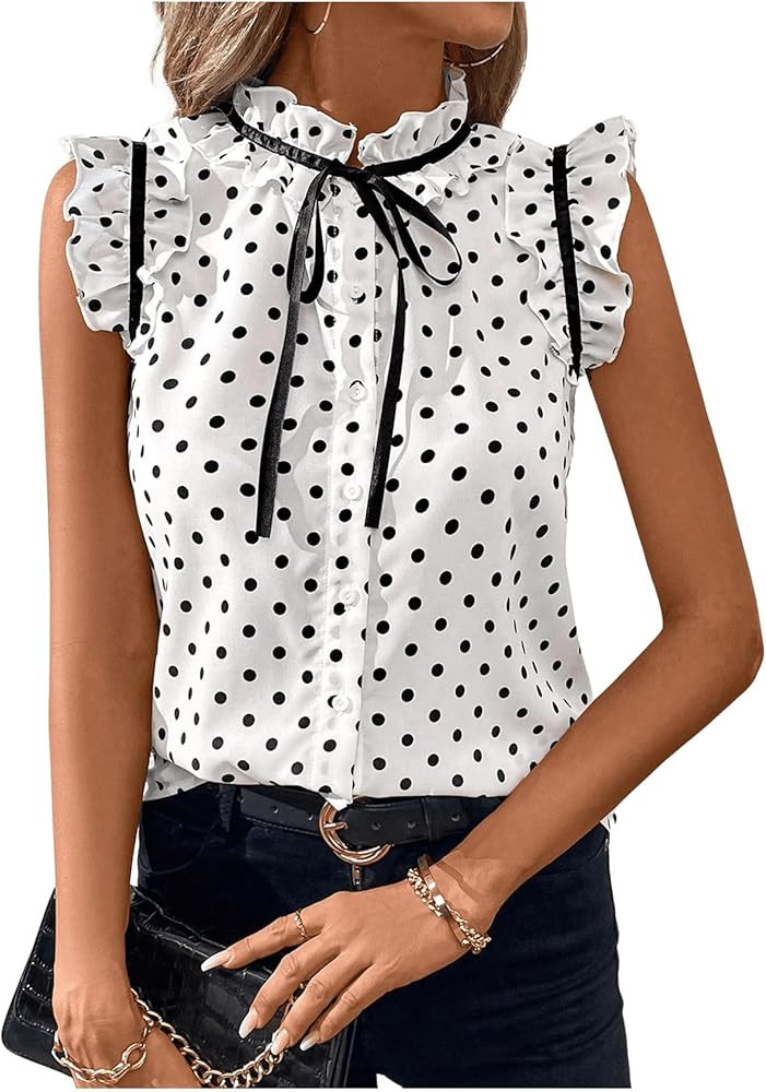 Women's Work Office Blouse Elegant Bow Tie Neck Ruffle Trim Vintage Blouse Business Casual Shirt ... | Amazon (US)