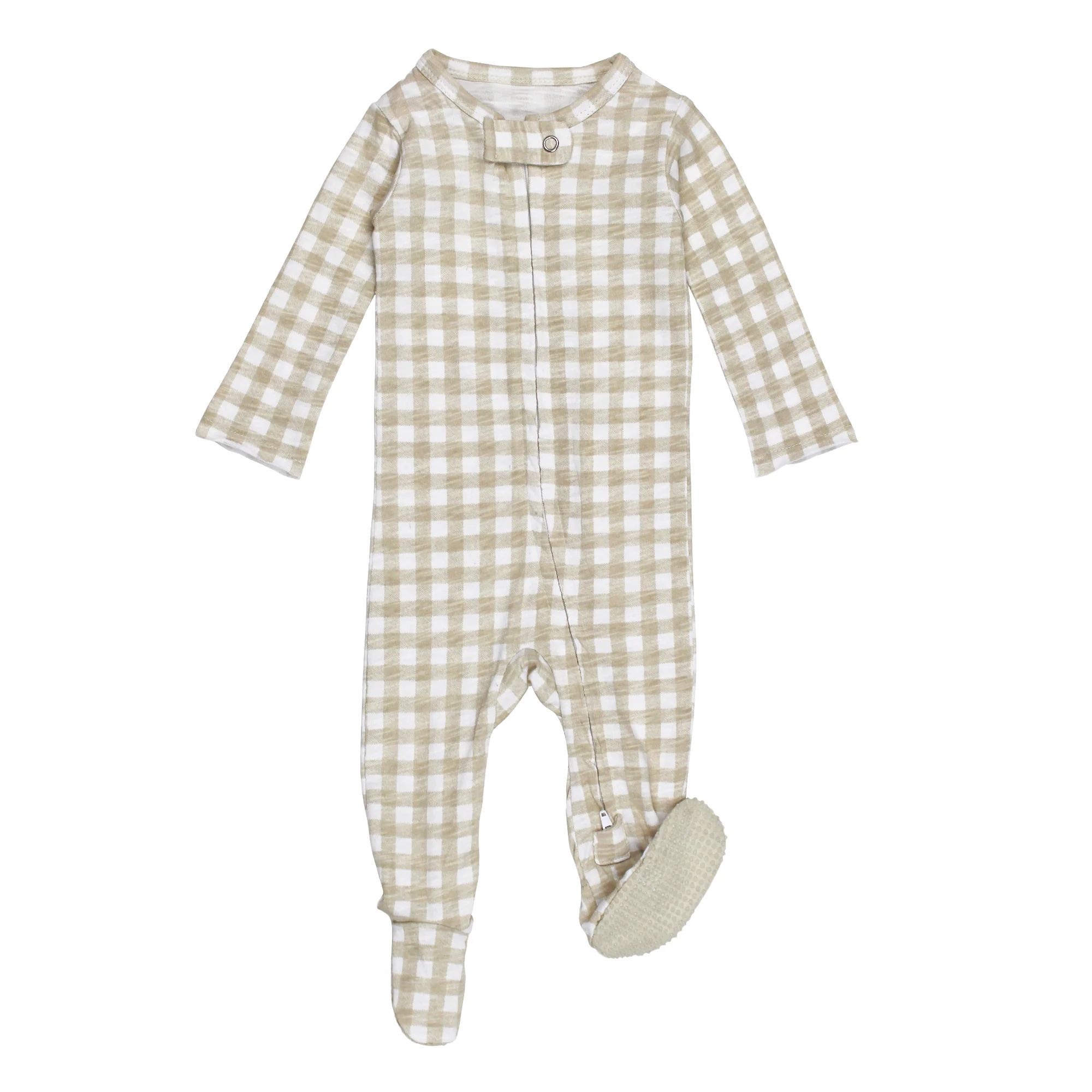 Organic Slub Jersey Zipper Footie, Stone Gingham | SpearmintLOVE