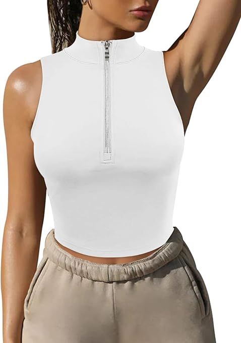 LASLULU Womens Half Zipper Workout Top Racerback Yoga Short Tank Tops Collar Athletic Shirt Slim ... | Amazon (US)