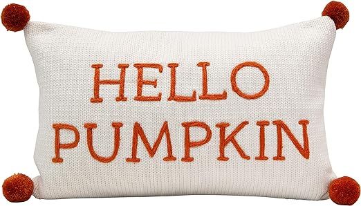 Creative Co-Op 20" L x 12" H Cotton Knit Lumbar w/Embroidery & Pom Poms Hello Pumpkin, Cream Colo... | Amazon (US)