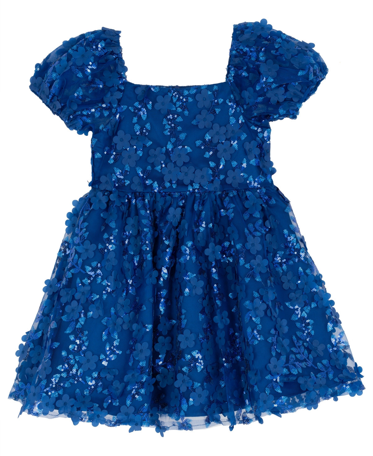 Rare Editions Girls 2T-6X Square Neck Floral Applique Mesh Dress - Blue | Macy's