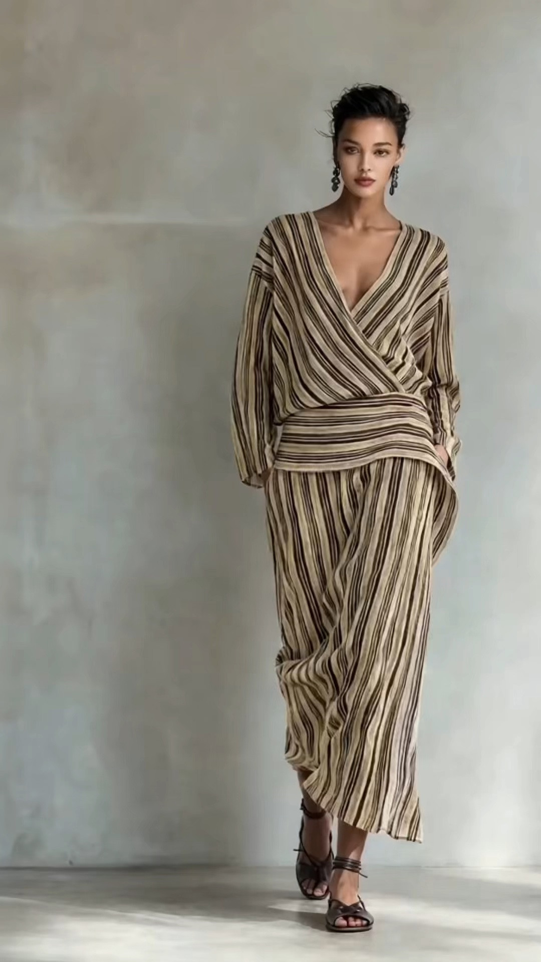 Beige and brown striped linen wrap two-piece set, embodying effortless, laid-back everyday elegance with a timeless bohemian twist.