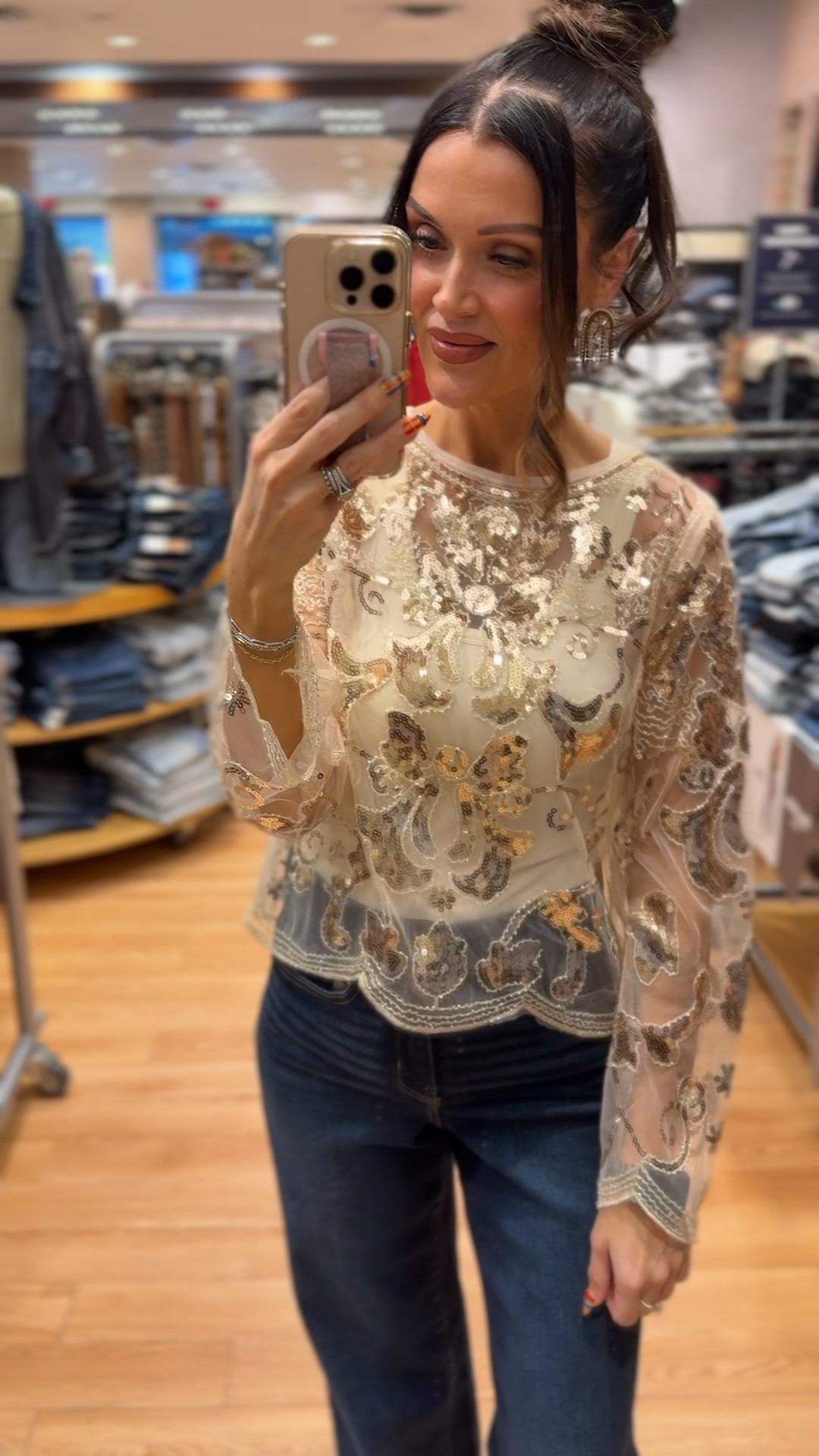 Gold sequin mesh top
Stretchy dark washed denim jeans 
Mia sand colored booties 
All pieces from the buckle 

#LTKGiftGuide #LTKootd #LTKHoliday