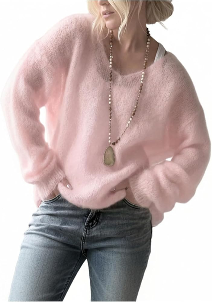 SOLY HUX Women's V Neck Long Sleeve Sweater Knit Pullover Jumper Tops Cozy Sweaters | Amazon (US)