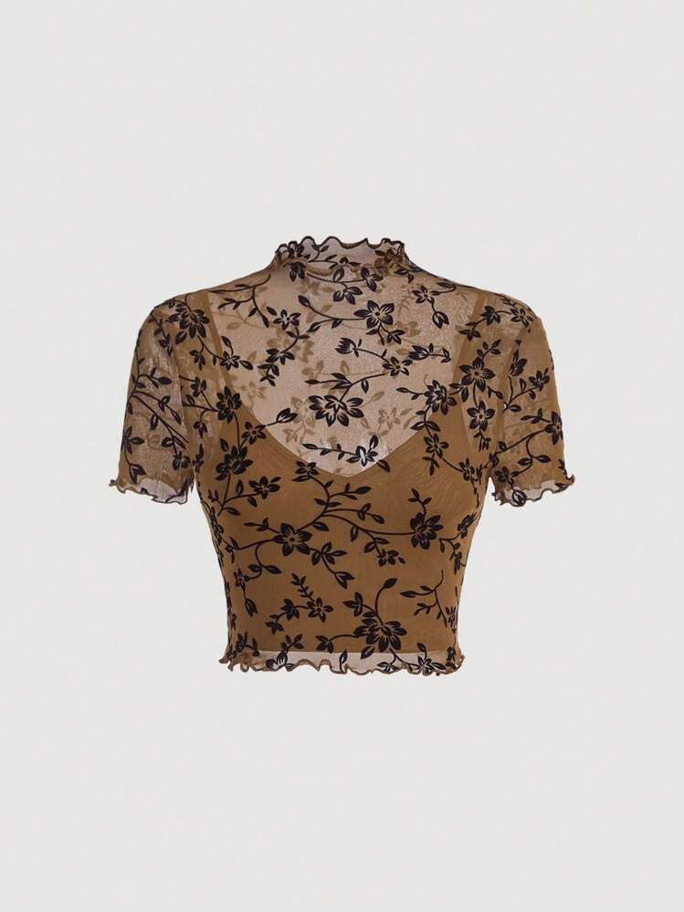 SHEIN MOD Bloemenprint Slatrimmen Doorzichtige overlaag Donker Kaki Contrasterende Zwart Gevlokt ... | SHEIN