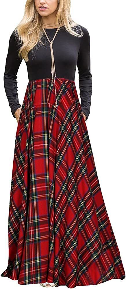 MEROKEETY Women's Plaid Long Sleeve Empire Waist Full Length Maxi Dress with Pockets | Amazon (US)