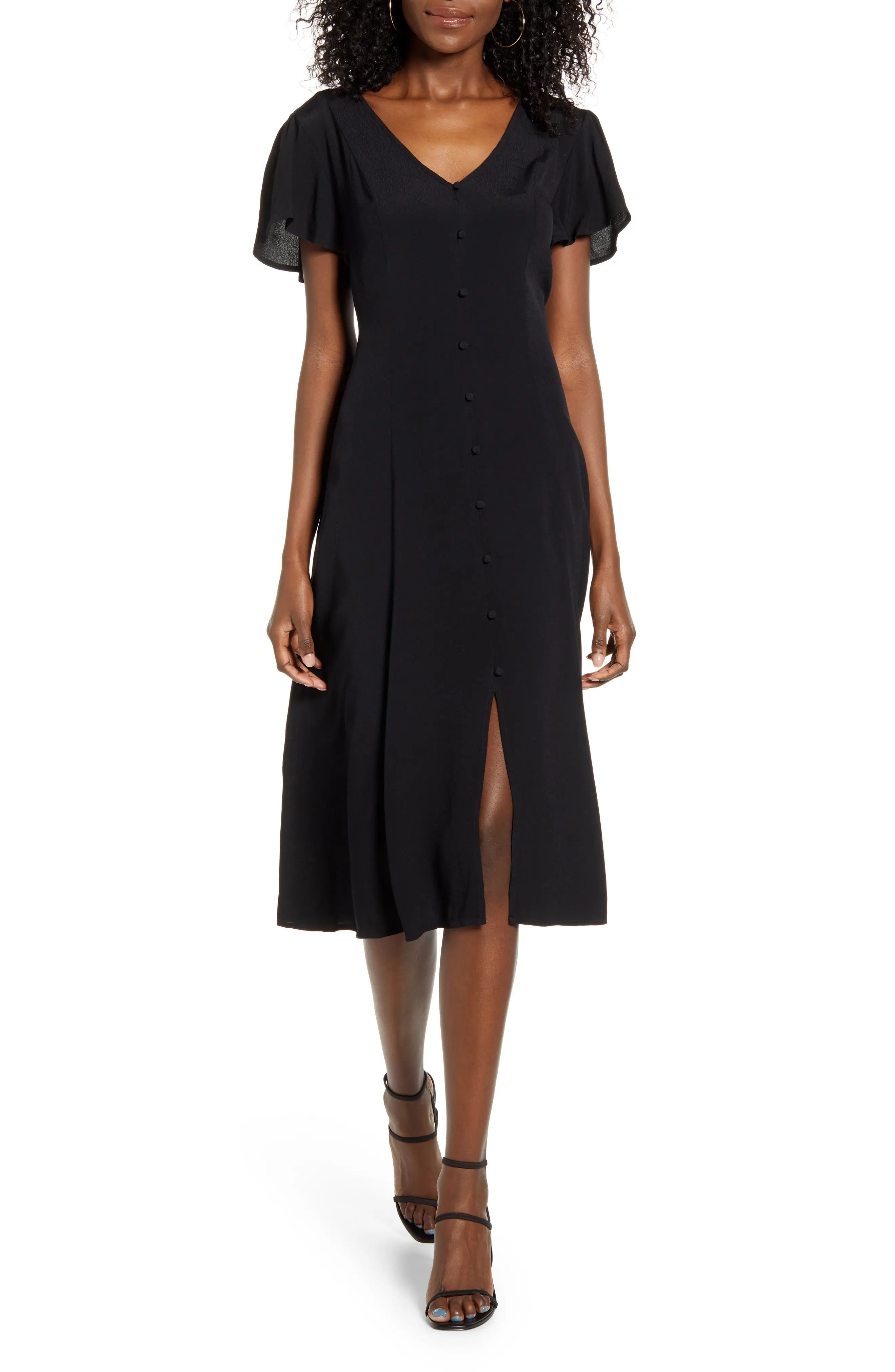 Women's Row A Button Front Flutter Sleeve Midi Dress, Size Small - Black | Nordstrom