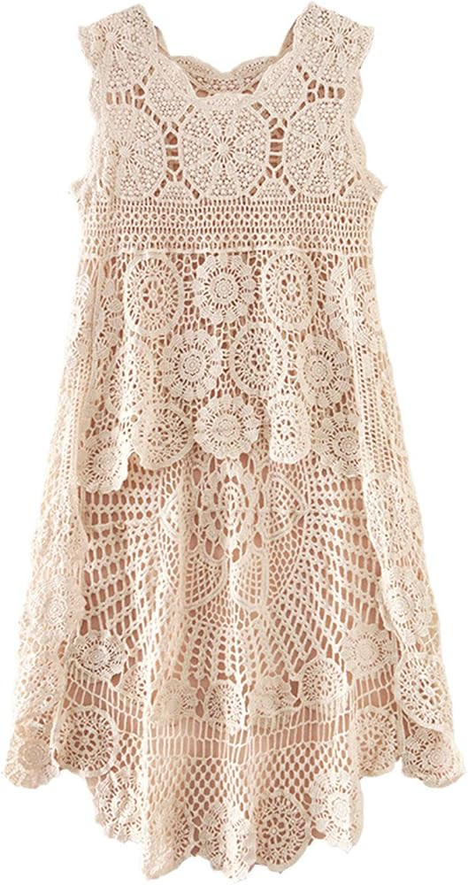 PUWEI Women's Hollow Out Hi-Low Tank Top Floral Crochet Swimsuit Bikini Cover Up | Amazon (US)