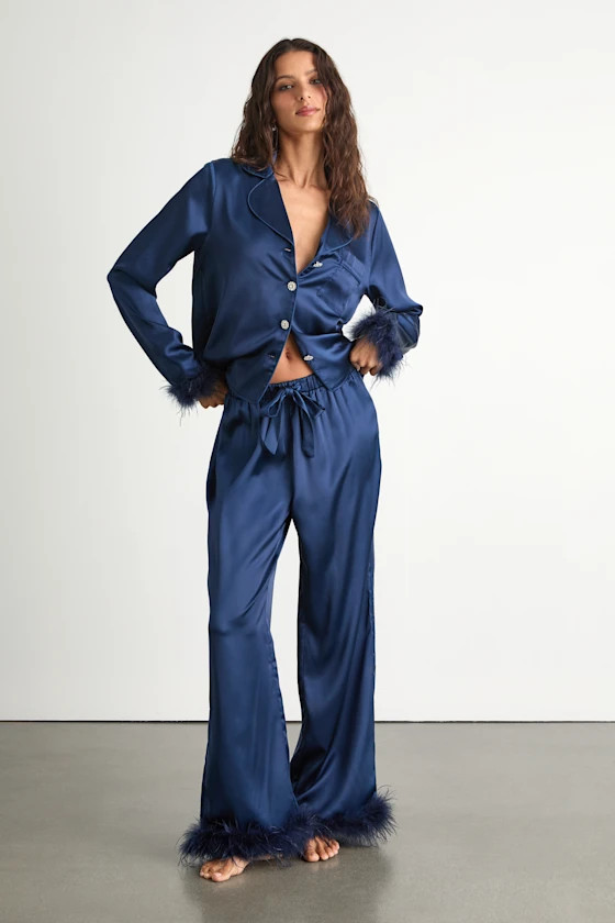 Dreamiest Delight Dark Blue Satin Feather Two-Piece Pajama Set | Lulus