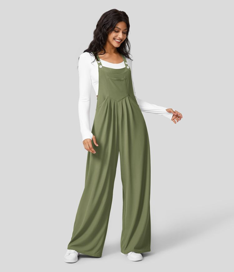 Women’s Adjustable Strap Button Multiple Pockets Plicated Waffle Casual Overalls - Halara | HALARA