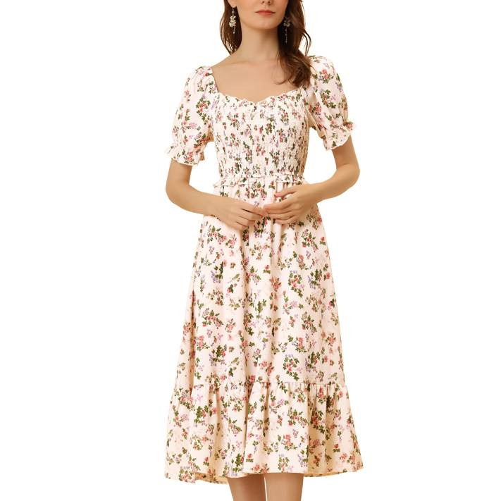 Allegra K Women's Floral Sweetheart Neck Ruffled Short Sleeve Midi Smocked A-line Dress | Walmart (US)