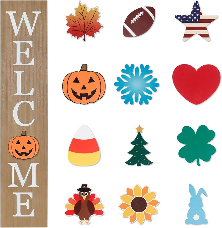 Interchangeable Welcome Sign for Front Porch- 45"X9" Large Standing/Hanging Wooden Sign with 12 P... | Amazon (US)