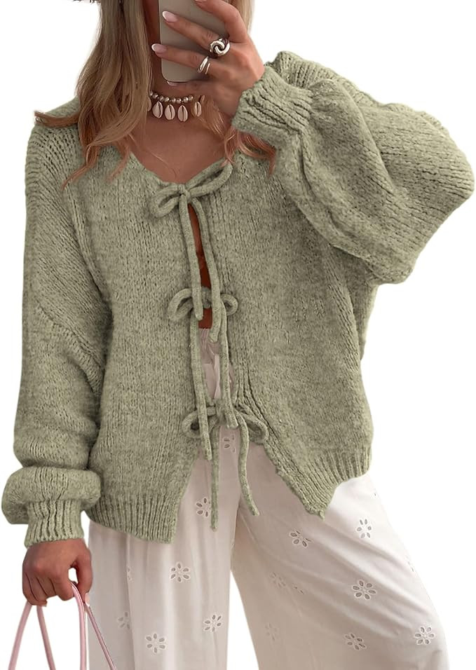PRETTYGARDEN Women's Tie Front Bow Cardigan Sweaters Chunky Knit Long Puff Sleeve Trendy Fall Win... | Amazon (US)