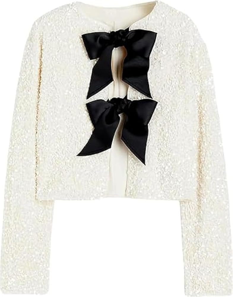 Mrat Sequin Jackets for Women Uk Sparkly Cropped Jacket Shiny Tie-Front Sequin Jacket with Bowkno... | Amazon (UK)