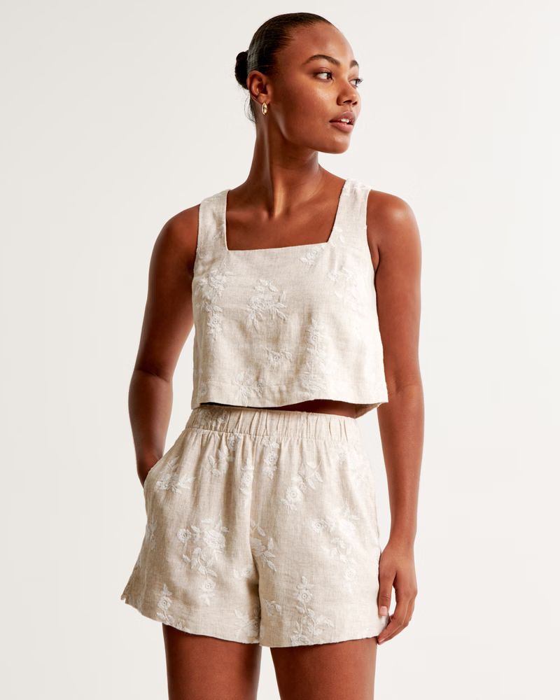 Linen-Blend Embroidered Pull-On Short | Abercrombie & Fitch (US)