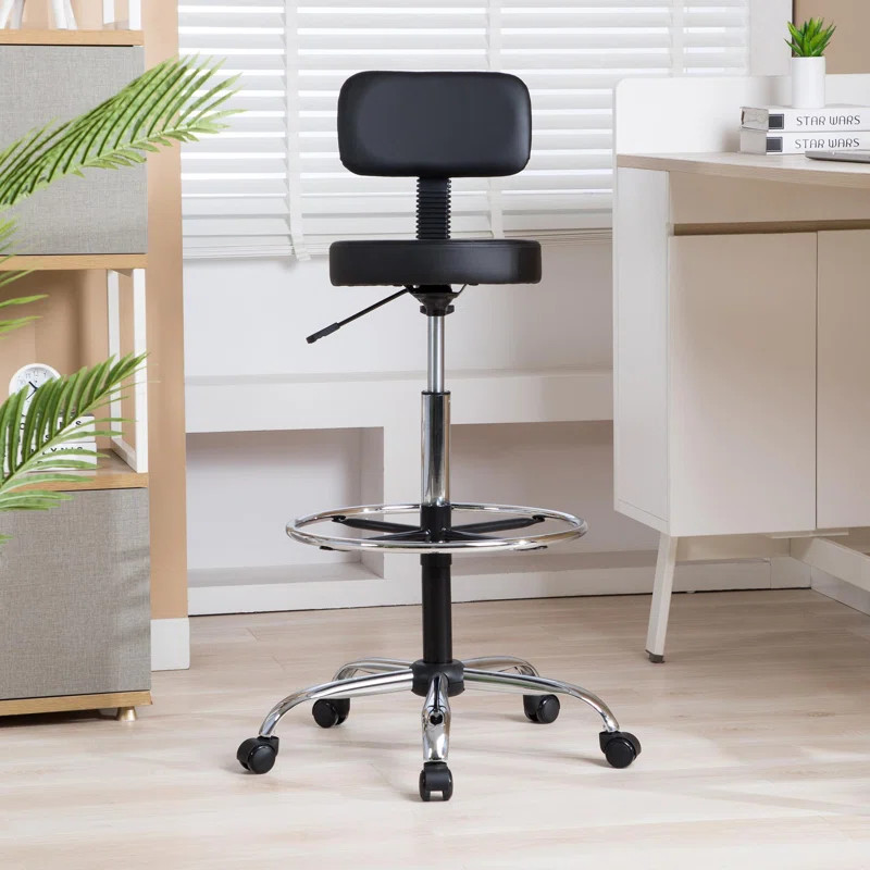 Dakotta Faux Leather Drafting Stool for Office, Studio, Adjustable Height with Backrest and Rolli... | Wayfair North America