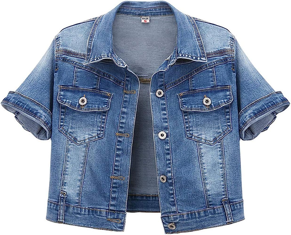 Omoone Women's Summer Short Sleeve Slim Crop Denim Trucker Jacket Jean Coat Tops | Amazon (US)